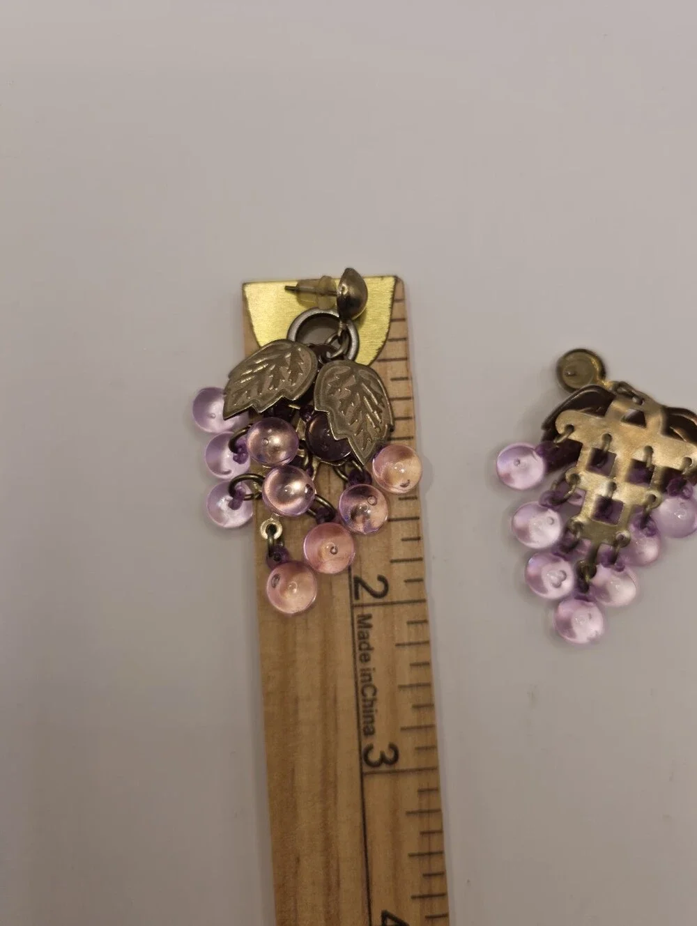 Vintage Purple Grape Cluster Drop Earrings with Gold Leaves
